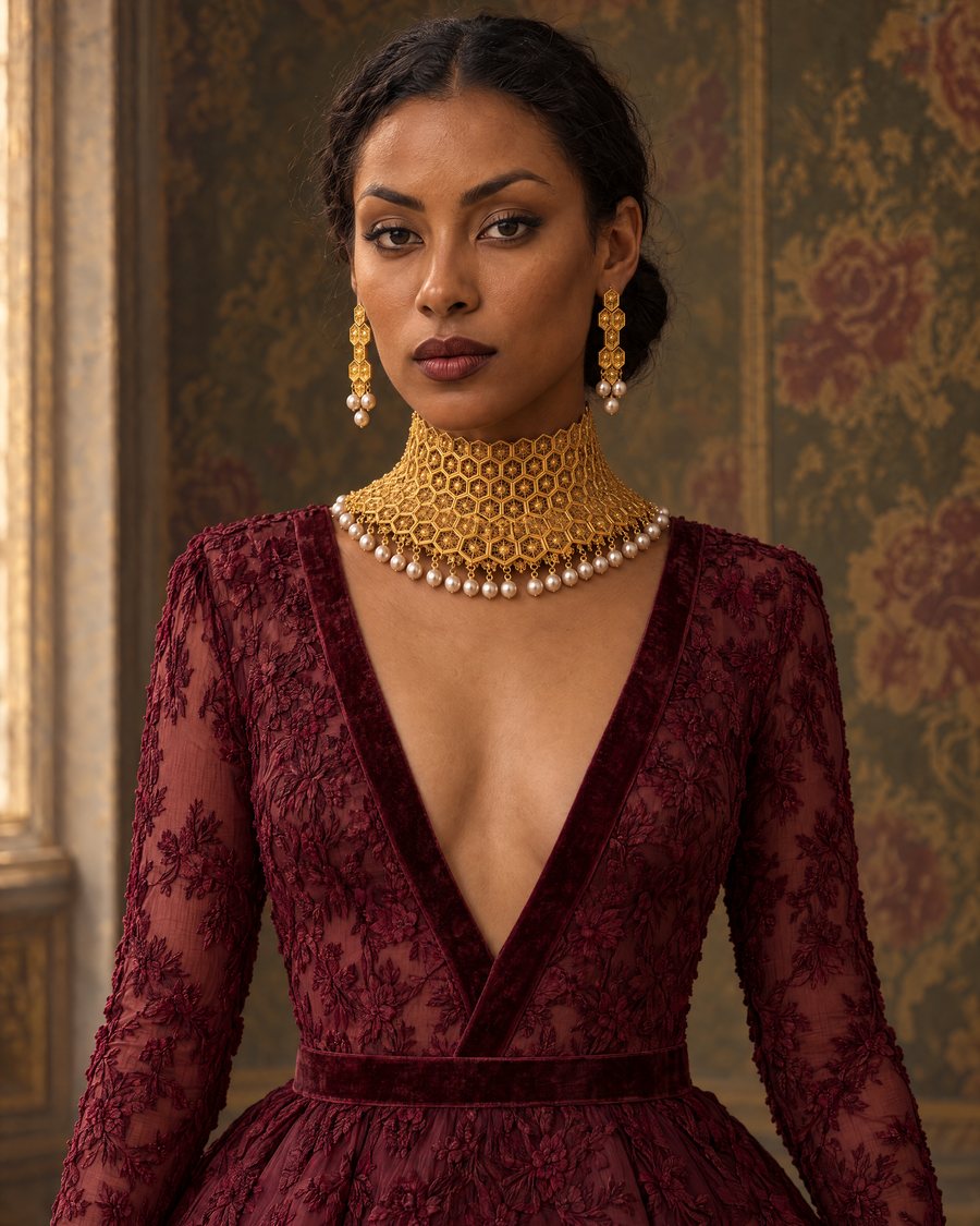 Il Favo from the front: a tall honeycomb collar of gold cells with a pearl fringe and long honeycomb earrings with pearl drops, worn with a wine embroidered gown with a velvet neckline before an old floral wallpaper