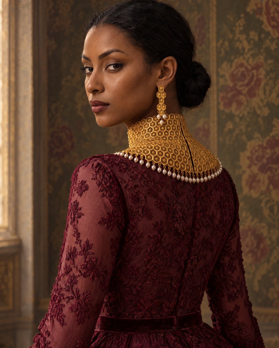 Il Favo from behind: a tall honeycomb collar of gold cells with a pearl fringe and a long honeycomb earring, worn with a wine embroidered gown before an old floral wallpaper