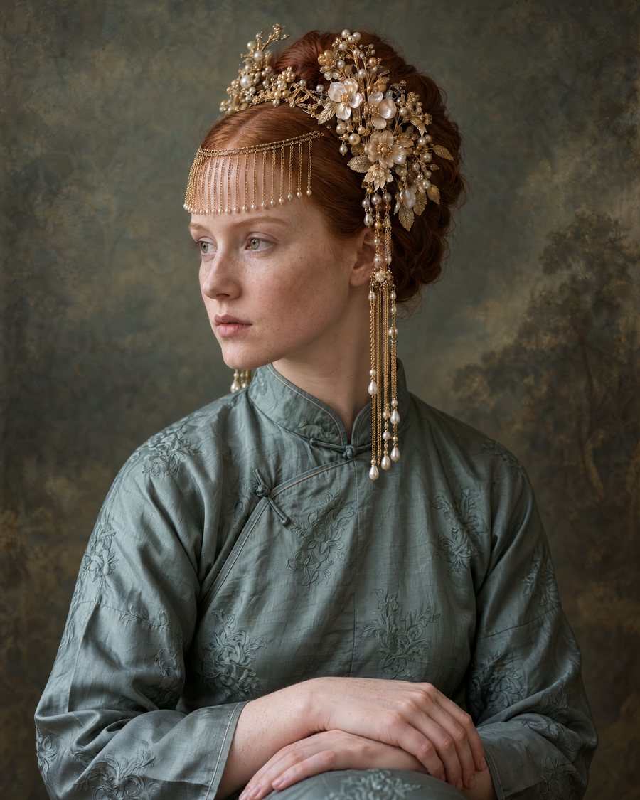 La Corona Fiorita in profile: blossoms of pale gilded gold and pearls high on copper hair, a fringe of fine gold chains across the brow and long tassels of chain and pearls past the ear, over a slate green silk robe