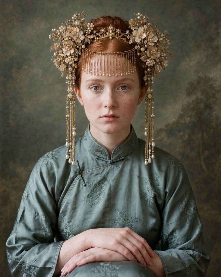 La Corona Fiorita, a crown of pale gilded blossoms and pearls with a fringe of fine gold chains and long pearl tassels, worn by a woman with copper hair before a painted sage backdrop
