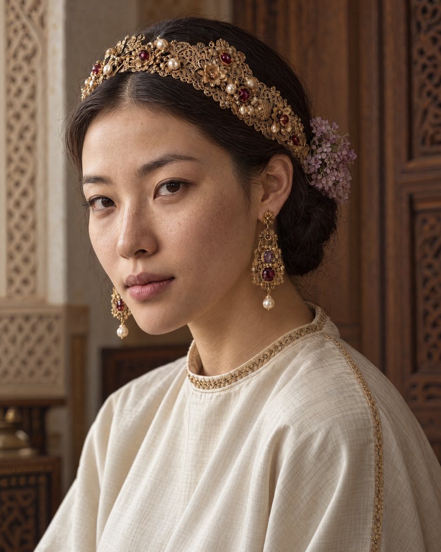 La Ghirlanda worn, her eyes on us: a garland of old gold filigree flowers set with garnets and pearls across dark hair, a sprig of lilac at the knot, and long filigree earrings of amethyst and garnet with a pearl drop, before carved cedar and plaster
