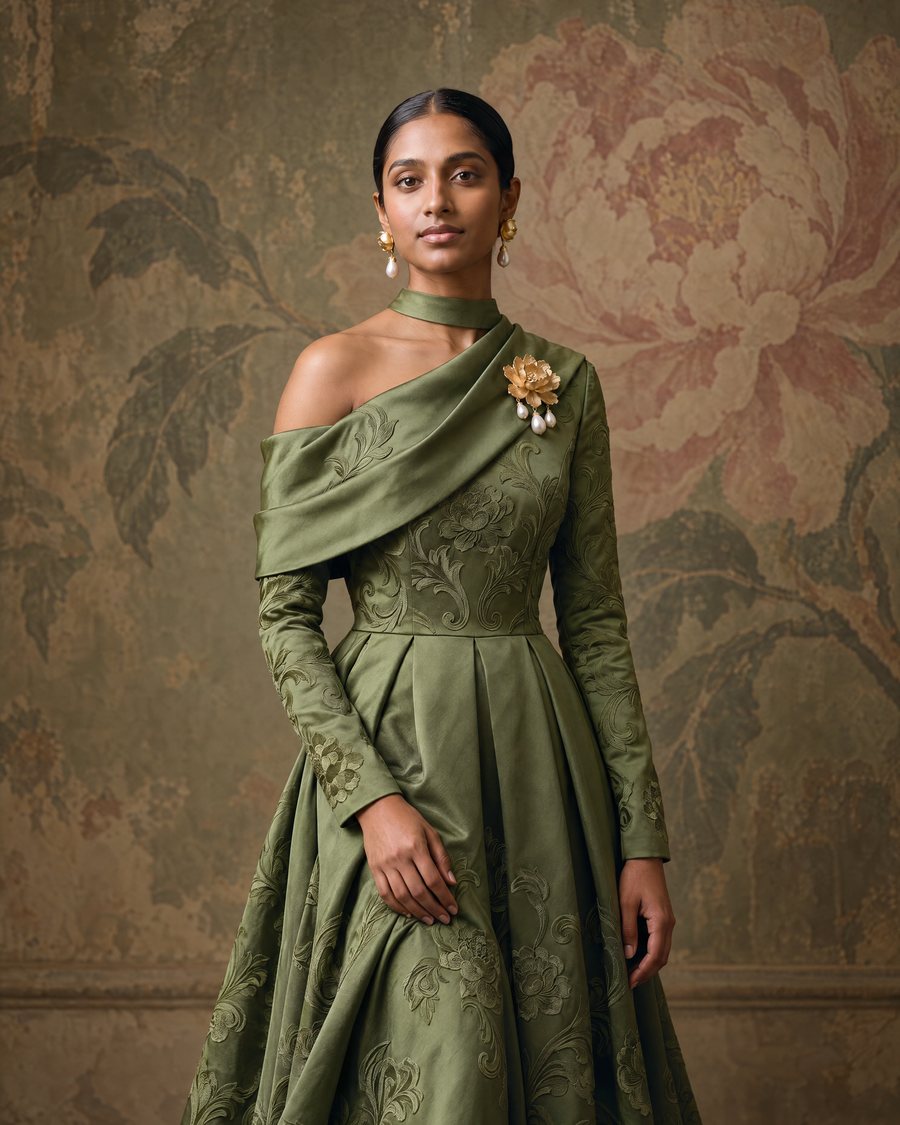 La Peonia worn: a woman in a sculpted moss green gown with a gold peony brooch on the shoulder fold and peony drop earrings, before a faded painted peony wall